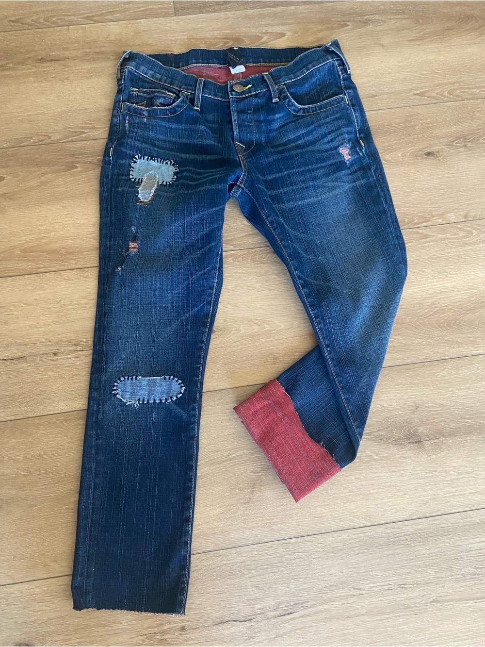 True Religion Dark Blue Distressed Skinny Jeans with Red Cuff